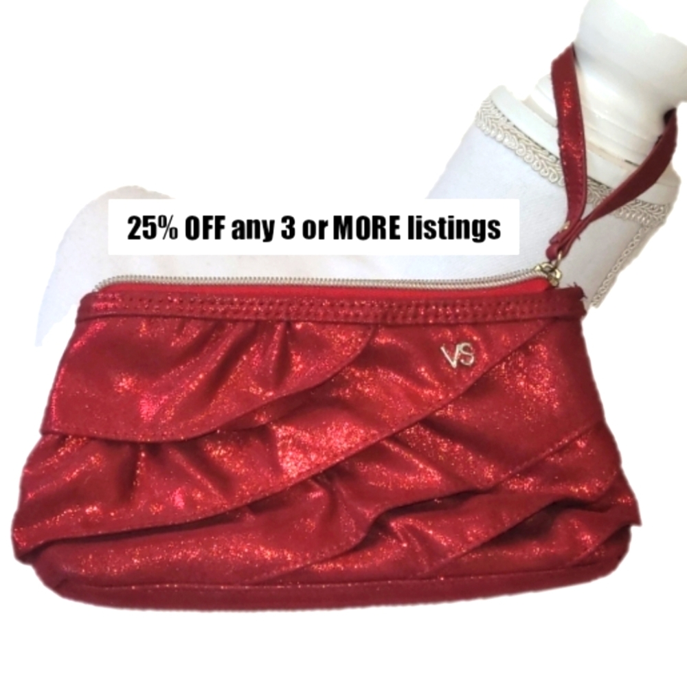 Victoria's Secret Wristlet Ruffle Shimmer Red Handbag Purse Metallic Sparkle